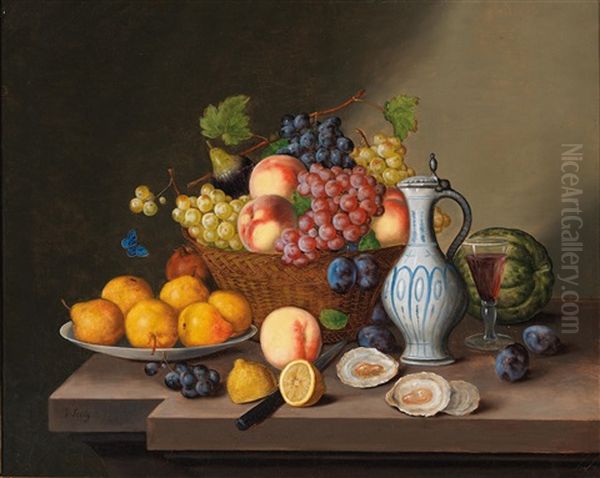 Large Still Life With Fruit, Pottery Jug, Oysters And Melons Oil Painting by Georg Seitz