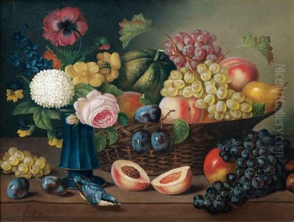 Stilleben Mit Blumen, Fruchten Und Einem Kleiber Oil Painting by Georg Seitz