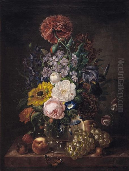 Stillleben Mit Blumen, Obst Und Schmetterling Oil Painting by Georg Seitz