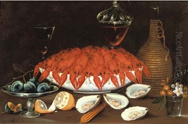 Crayfish In A Porcelain Bowl, Oysters, A Partially Peeled Lemon, Plums In A Silver Dish, Two Glasses Of Wine, A Bottle And A Glass With Flowers On Table Oil Painting by Johann Seitz