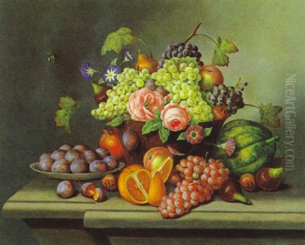 Stilleben Mit Fruchten Und Rosen Oil Painting by Johann Seitz