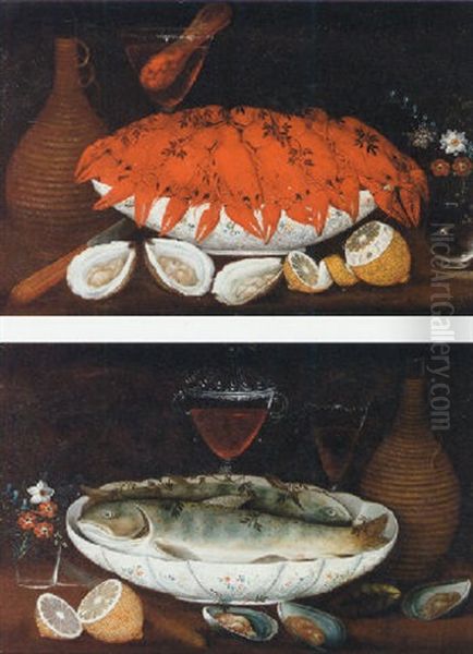 Crayfish In A Porcelain Bowl, Oysters, Lemons, Flowers In A Vase, Fiaschi, Knife And A Facon-de-venise Wine Glass On A Table Oil Painting by Johann Seitz