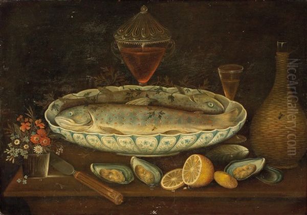 Stillleben Mit Fisch (+ Stillleben Mit Langusten; Pair) Oil Painting by Johann Seitz