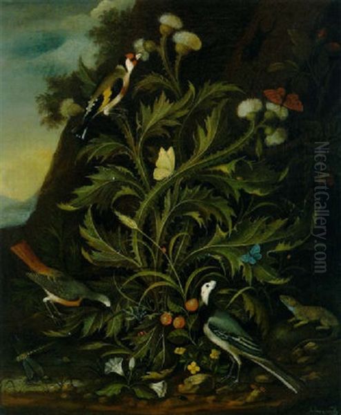 Waldesgrund Mit Einer Distel, Erdbeeren, Singvogeln, Schmetterlingen, Eidechse, Libelle Und Einem Hirschkafer Oil Painting by Johann Seitz