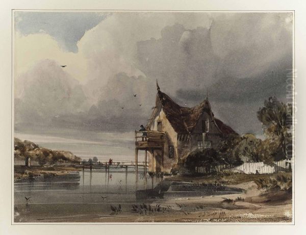 A Figure On A Balcony Overlooking A River Oil Painting by Thomas Shotter Boys