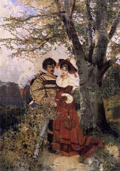 Ein Liebespaar In Altdeutscher Tracht Vor Einem Rosenstrauch Unter Einem Baum Oil Painting by Otto Seitz