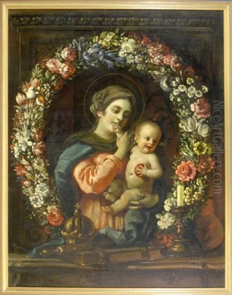 Stilleben Mit Madonna Und Jesuskind In Einer Blumengirlande Oil Painting by Rudolf Von Seitz