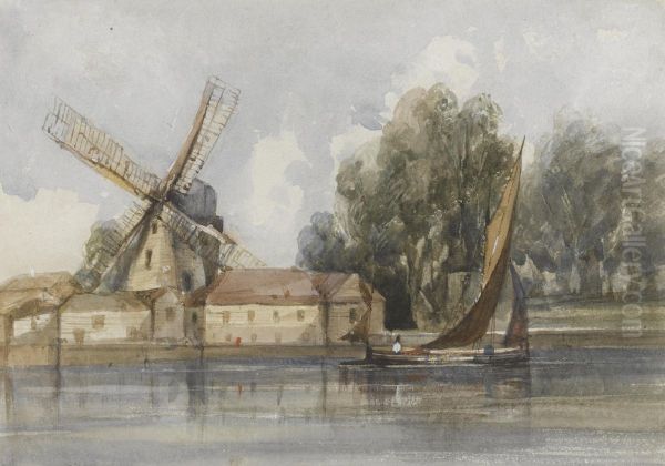 A Wherry Passing A Windmill And Farm Buildings Oil Painting by Thomas Shotter Boys