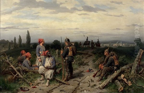 Tirailleurs Algeriens (turcos) Prisonniers, Gardes Par Des Soldats Prussiens, En Arriere-plan Une Ville Et Des Uhlans Oil Painting by Christian Sell the Elder