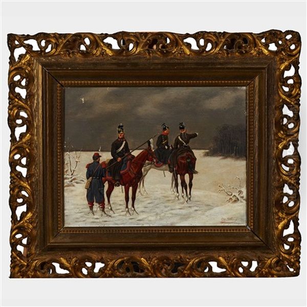 Prussian Infantry Receiving Directives; Prisoner Of War In A Blizzard (pair) Oil Painting by Christian Sell