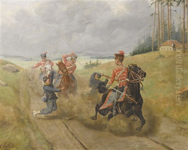 Kampfszene Mit Reitenden Husaren Oil Painting by Christian Sell