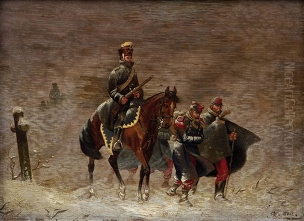 Paar Militarszenen Des Deutsch-franzosischen Krieges: Preusischer Kavallerist Mit Zwei Franzosischen Gefangenen In Winterlandschaft Bzw. Deutscher Infanterist Mit Gefangenen Chausseurs D'afrique In Winterlandschaft (pair) Oil Painting by Christian Sell