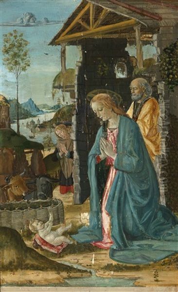 The Nativity, An Extensive Landscape Beyond Oil Painting by Jacopo Del Sellaio