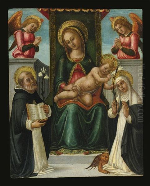 Madonna And Child Enthroned, With Two Dominican Saints And Two Angels Oil Painting by Jacopo Del Sellaio