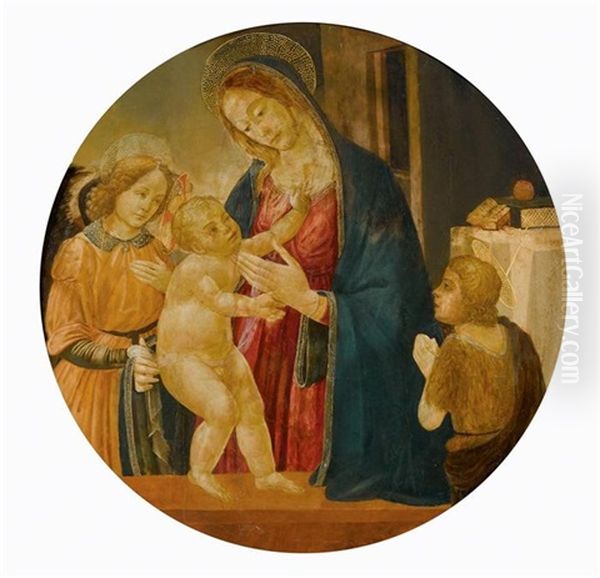 Tondo Mit Maria, Dem Christusknaben Und Johannes Dem Taufer In Belgeitung Von Einem Engel Oil Painting by Jacopo Del Sellaio