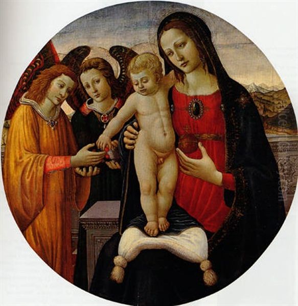 The Madonna And Child With Attendant Angels, An Extensive Landscape Beyond Oil Painting by Jacopo Del Sellaio