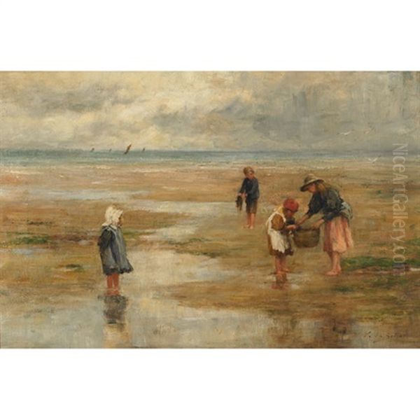 Children Gathering Kemp On A Beach Oil Painting by Charles A. Sellar