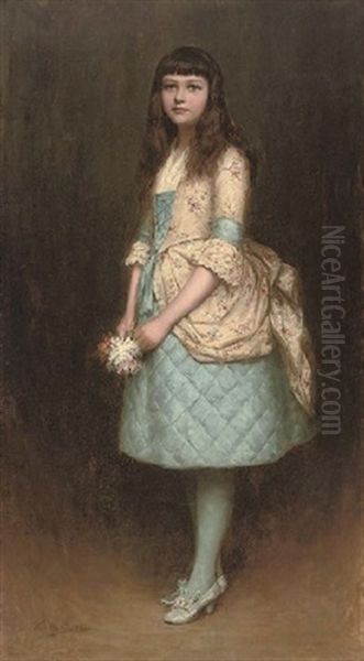 Portrait Of Eva Mackintosh In A Blue Dress With A Cream Flower Covered Bustle Swag And Bodice, Holding A Posy Of Flowers Oil Painting by Charles A. Sellar