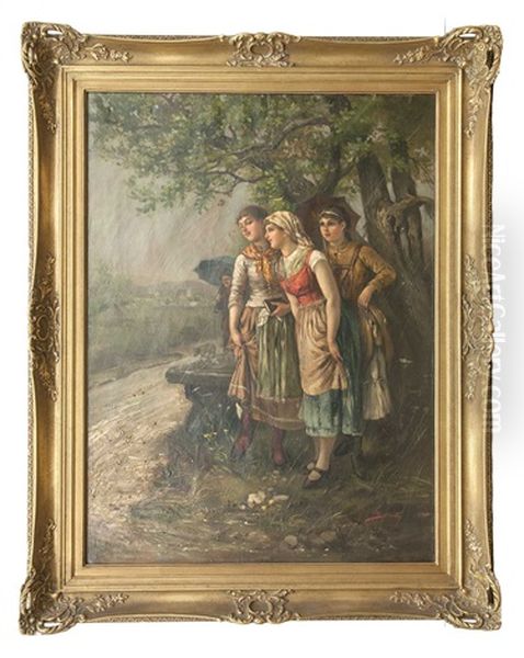 Drei Madchen, Vor Dem Regen Schutz Suchend Oil Painting by Hans Sellenati