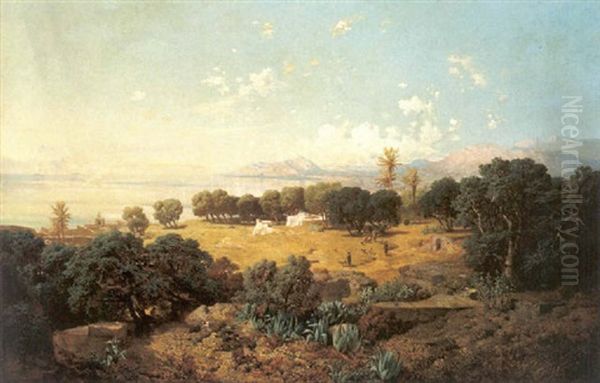 Blick Auf Den Monte Pellegrino Bei Palermo, Mit Dem Strand Von Mondella Im Vordergrund Oil Painting by Josef Selleny