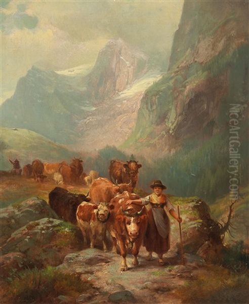 Driving The Herd Down From The Alpine Pastures Oil Painting by Ludwig Sellmayr