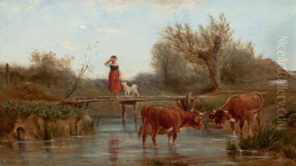 Crossing The Stream Oil Painting by Ludwig Sellmayr