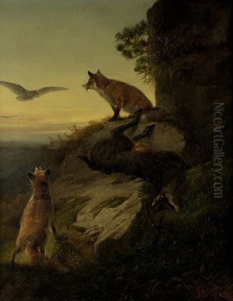 Zwei Fuchse Auf Einem Felsvorsprung Verteidigen Ihre Beute Gegen Anfliegende Raubvogel Oil Painting by Ludwig Sellmayr