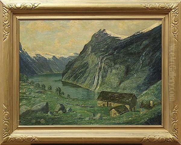 Geirangerfjord Med Soterheiser (the Seven Sisters Waterfalls) Oil Painting by Conrad Hans Selmyhr