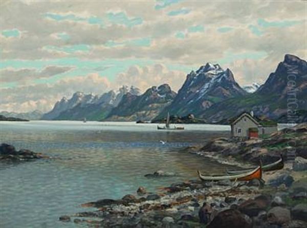 Norwegian Fiord With Houses And Boats (lofoten?) Oil Painting by Conrad Hans Selmyhr