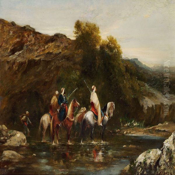 Arabian Horsemen Passing A River In Evening Light Oil Painting by Honore Boze