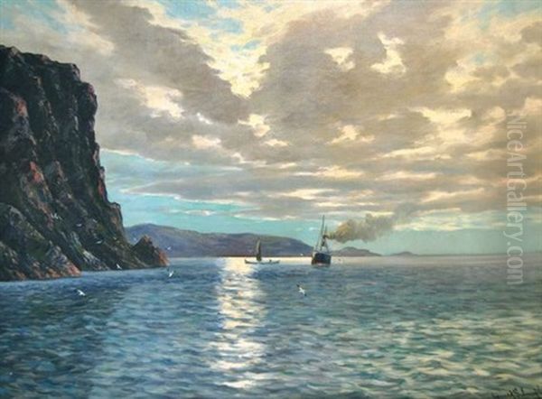 Steamship And Sailing Ship Off A Rocky Coastline Oil Painting by Conrad Hans Selmyhr