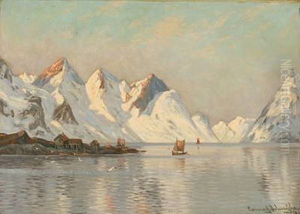 Havno, Nordland, Lofoten (fiord Scene From Lofoten In Norway) Oil Painting by Conrad Hans Selmyhr