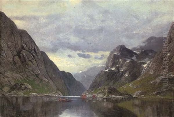 Rowing On A Fjord Oil Painting by Conrad Hans Selmyhr