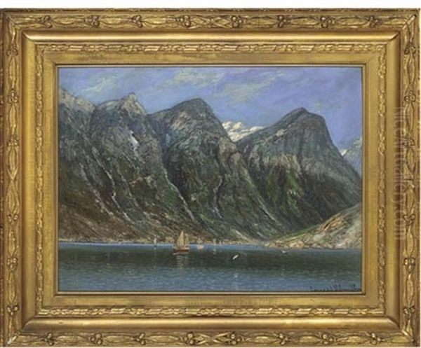 Sailing Boats In A Fjord Oil Painting by Conrad Hans Selmyhr