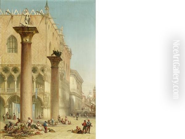 Flower Market In Piazzetta San Marco By The Column Of St. Theodore, Venice Oil Painting by Henry Courtney Selous