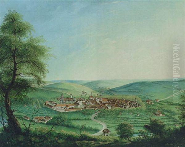 Blick Auf Eine Landschaft Mit Einem Dorf Und Eine Klosteranlage by Melchior Seltzam