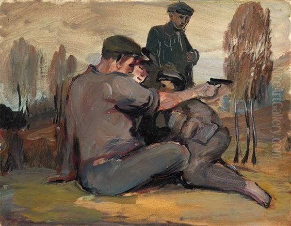 Fishing On The Northern Sosva River, Hunters At Rest And Kindling A Fire (from The Pripolyarnyi Ural Series) (3 Works) Oil Painting by Roman Semashkevich