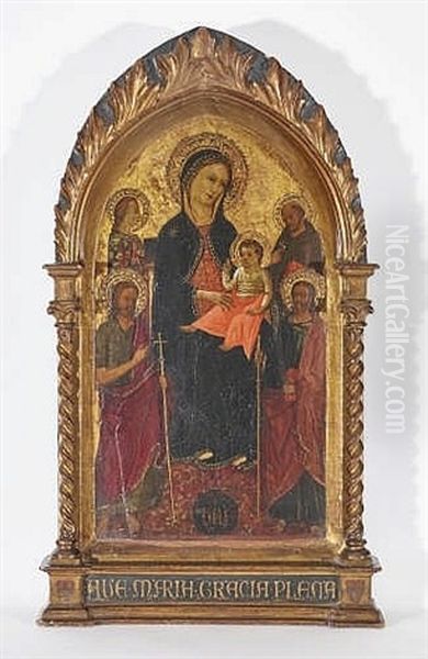 Madonna And Child Enthroned Madonna Flanked By Saint Catherine Of Alexandria And John The Baptist (left), As Well As Saint Francis Of Assisi With John The Evangelist (right) Oil Painting by Nicoletto Semitecolo