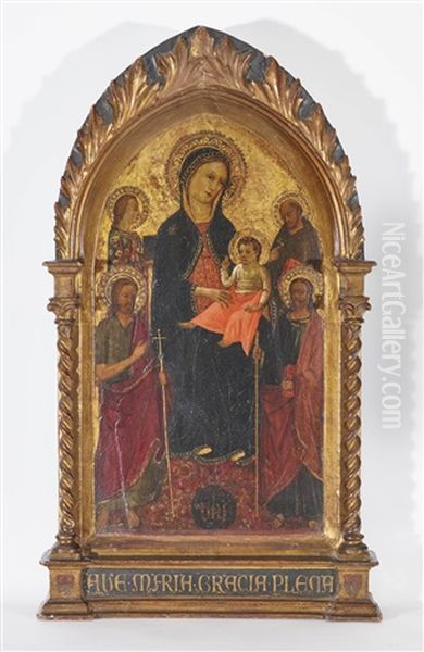 The Virgin And Child Accompanied By St. Catharine Of Alexandria And St. John The Baptist (left) As Well As Francis Of Assisi And St. John The Evangelist (right) Oil Painting by Nicoletto Semitecolo