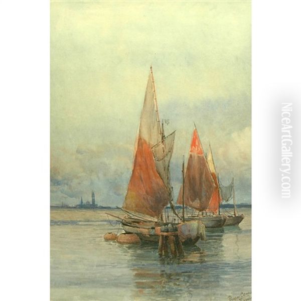 Drying Sails At The Lido, Venice Oil Painting by Prosper Louis Senat