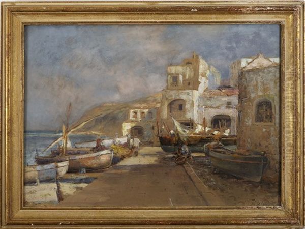 Mediterranean Harbor Scene Oil Painting by Prosper Louis Senat