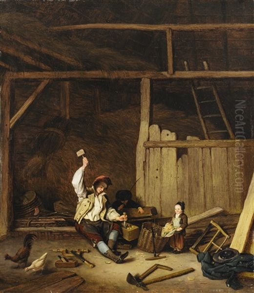 A Carpenter In A Barn Oil Painting by Jacques-Albert Senave