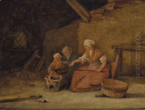 Mangeurs De Pommes Dans Une Etable; Et Famille Devant Un Brasero Oil Painting by Jacques-Albert Senave