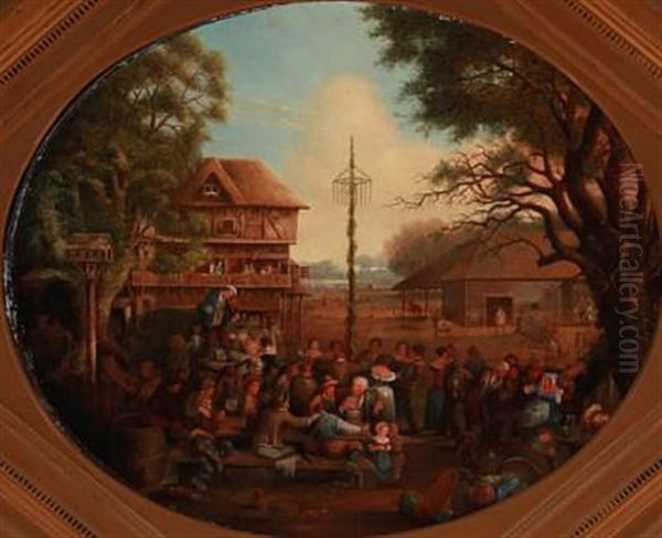 Spring Day In The Village. The Villagers Are Enjoying Themselves Around The Maypole Oil Painting by Jacques-Albert Senave