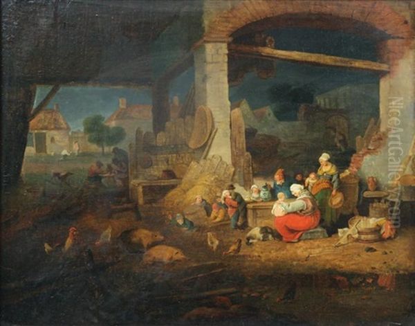 Famille De Paysans Reunie Autour D'une Table Dans Une Grange Et Animaux De Basse-cour Oil Painting by Jacques-Albert Senave