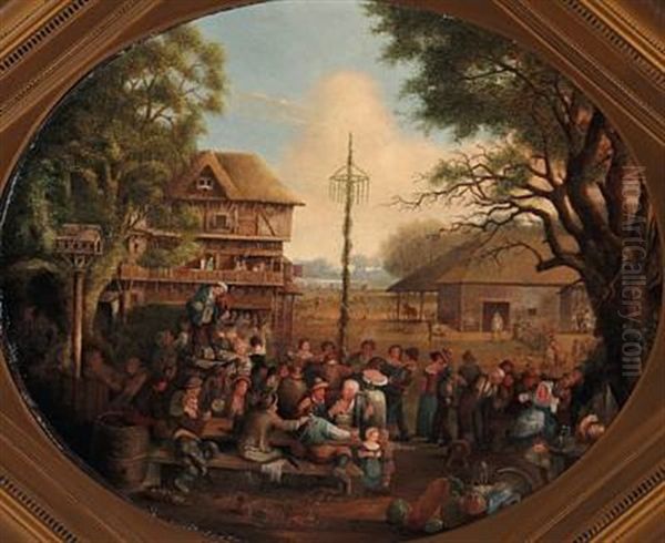 Spring Day In The Village. The Villagers Are Enjoying Themselves Around The Maypole Oil Painting by Jacques-Albert Senave