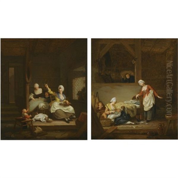 An Interior With A Mother Knitting, Watched By Her Children And A Maid (+ A Barn Interior With A Mother Feeding Her Baby; Pair) Oil Painting by Jacques-Albert Senave