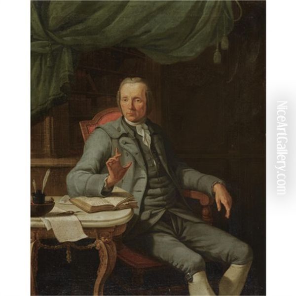 Portrait Of A Gentleman In His Study, Wearing A Grey Suit Oil Painting by Jacques-Albert Senave