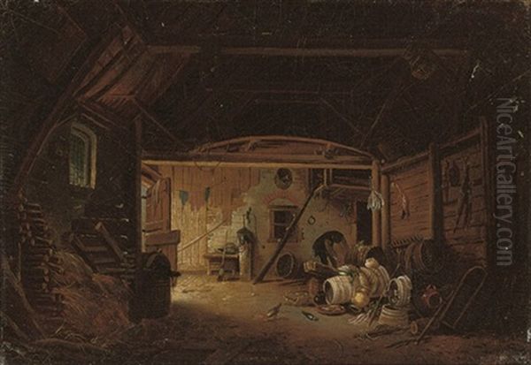 At Work In The Barn Oil Painting by Jacques-Albert Senave