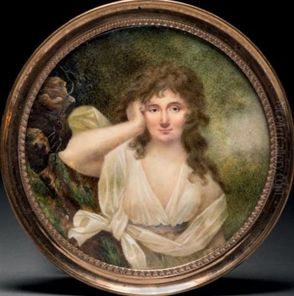 Jeune Femme Pensive Accoudee A Un Rocher, En Robe De Voile Blanc, Chevelure Retombant En Boucles Sur Les Epaules Et Fond De Foret Oil Painting by Louis Sene